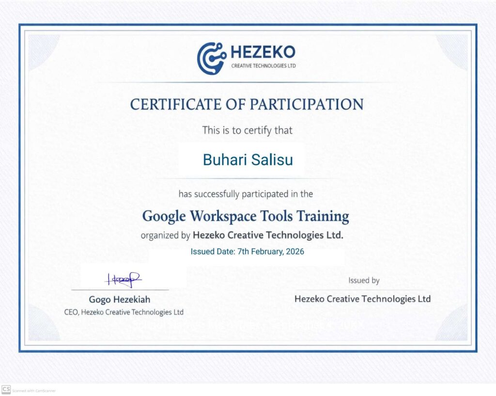 Google Workspace Tools Training Certificate earned by Buhari Salisu